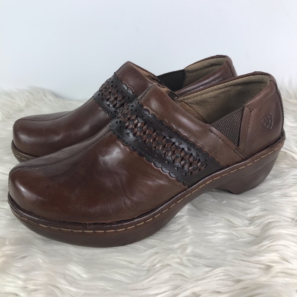 Ariat leather slip on clogs wedges braided detail